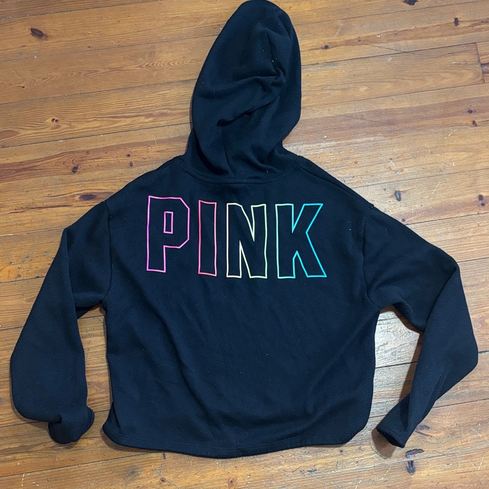 PINK Victoria's Secret Black Cropped Hoodie with Colorful Logo